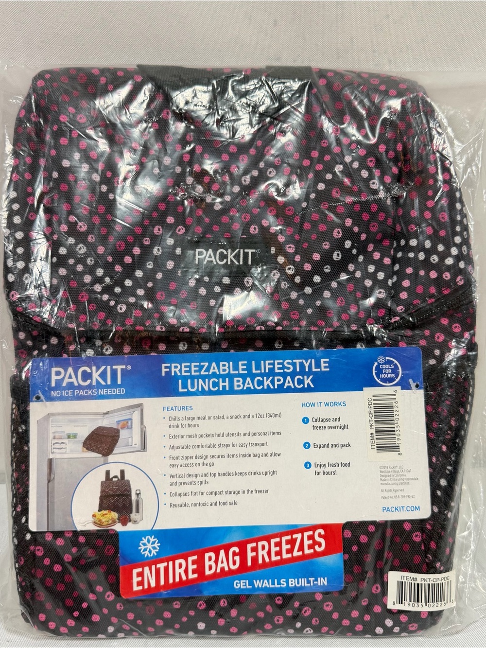 Packit Freezable Lunch Bag Backpack Cooler Black Pink Polka Dots PBA PVC Free
